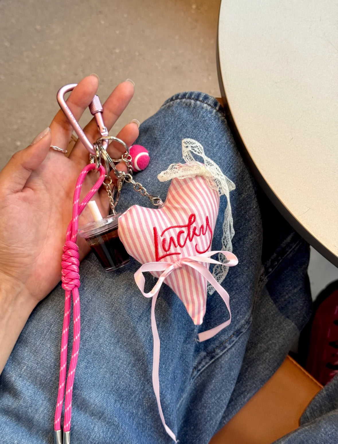 Lucky Heart Bag Charm – Striped Plush with Lace & Ribbon