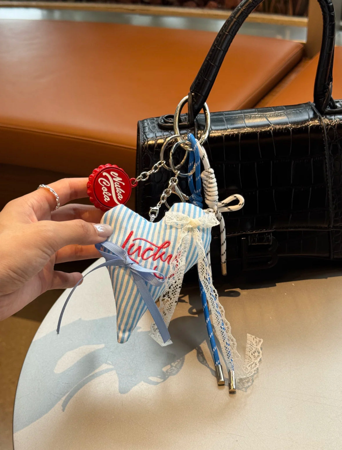 Lucky Heart Bag Charm – Striped Plush with Lace & Ribbon