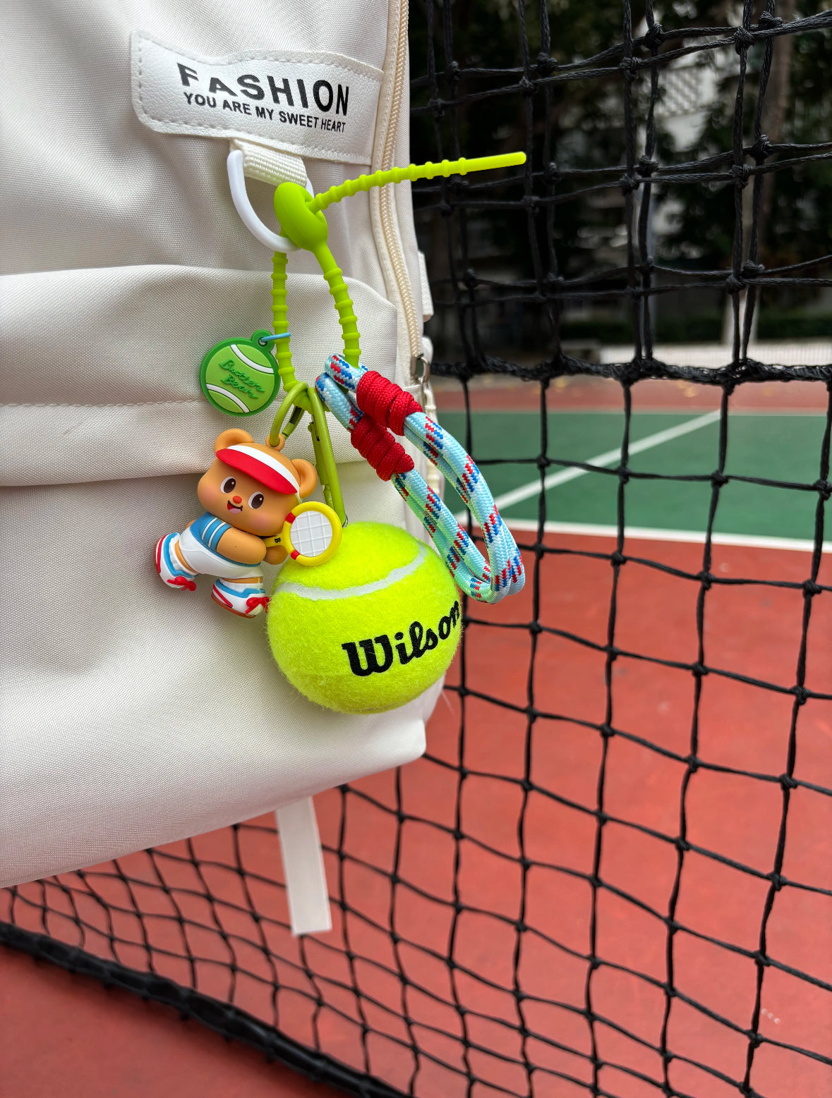 Sporty Tennis Bag Charm – Bear Keychain with Tennis Ball Accent