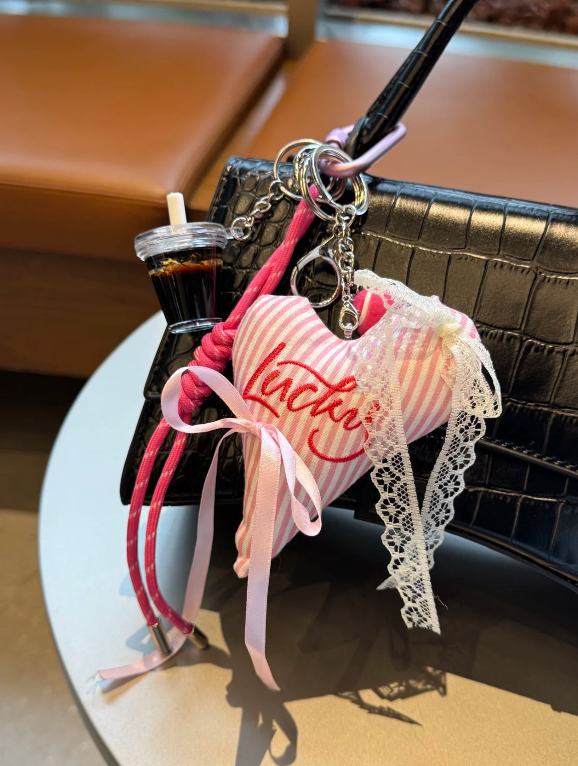Lucky Heart Bag Charm – Striped Plush with Lace & Ribbon