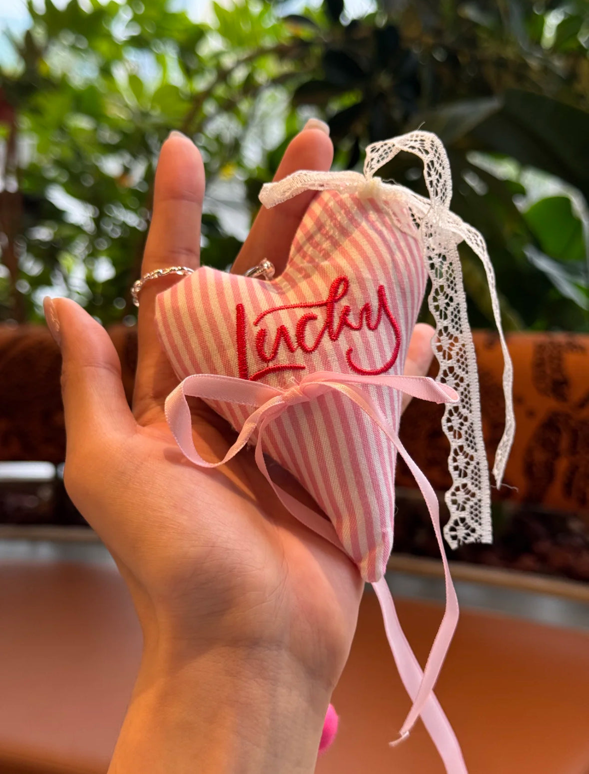 Lucky Heart Bag Charm – Striped Plush with Lace & Ribbon