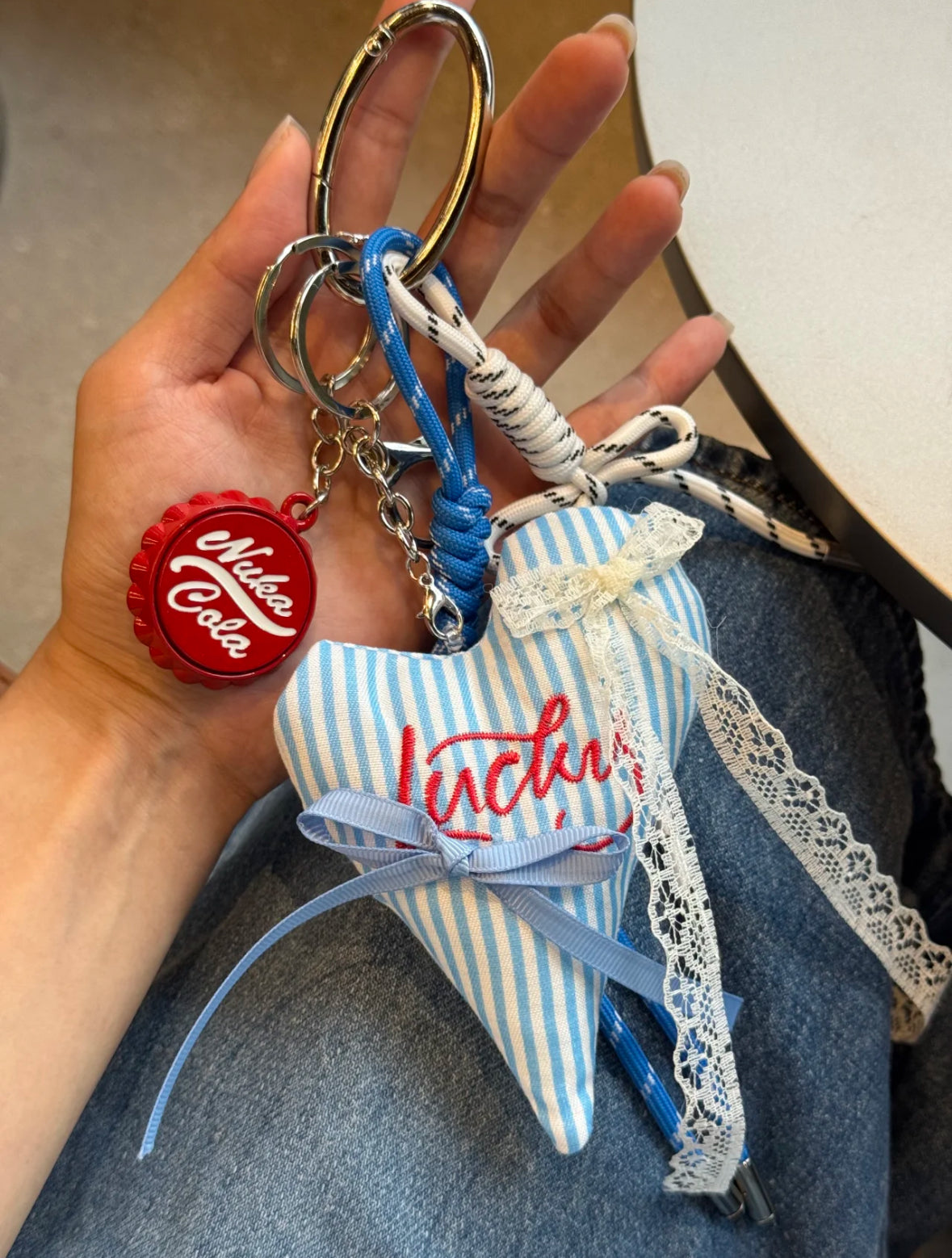 Lucky Heart Bag Charm – Striped Plush with Lace & Ribbon