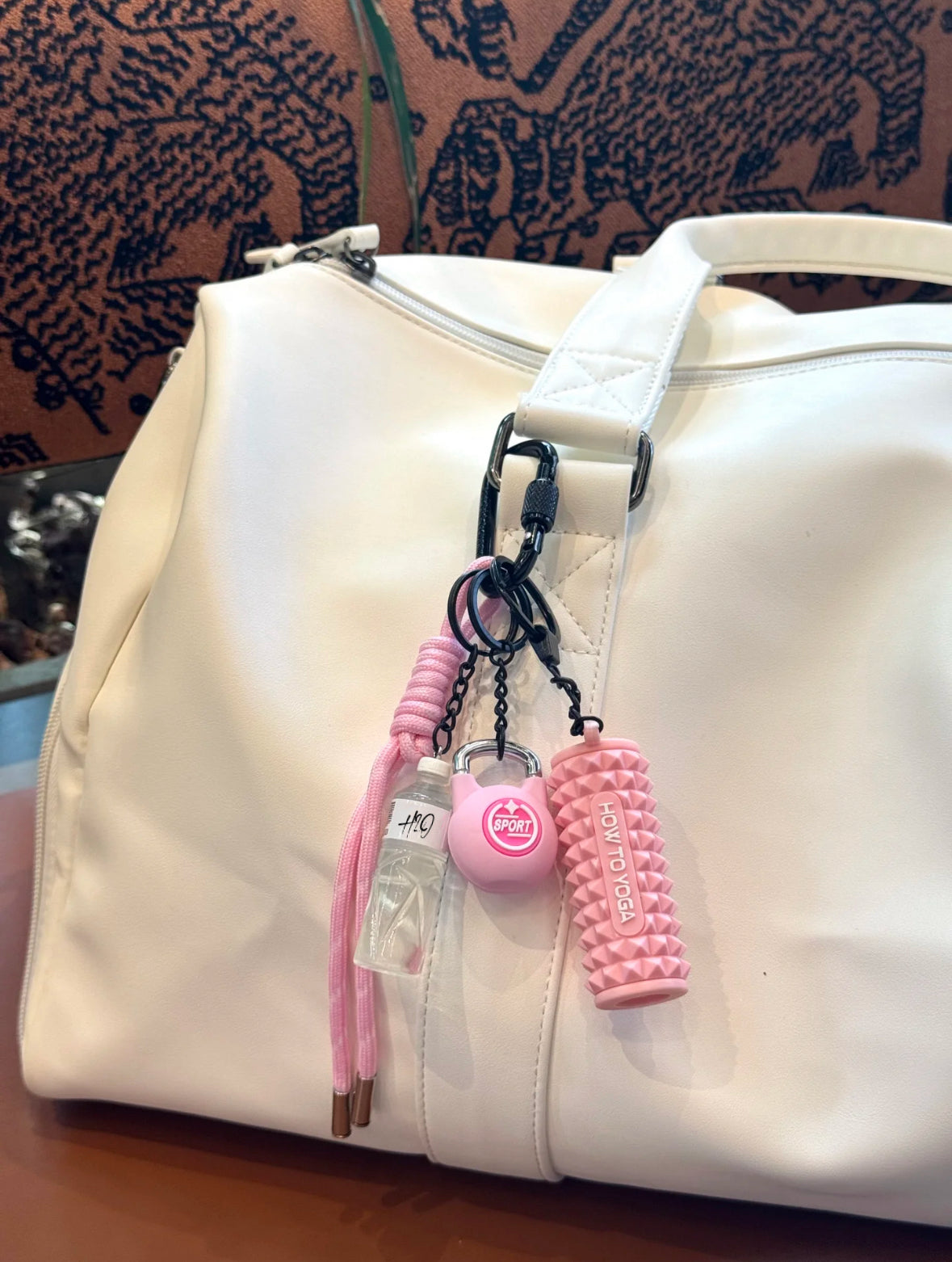 Pink Fitness-Inspired Bag Charm – “How To Yoga” Keychain Set