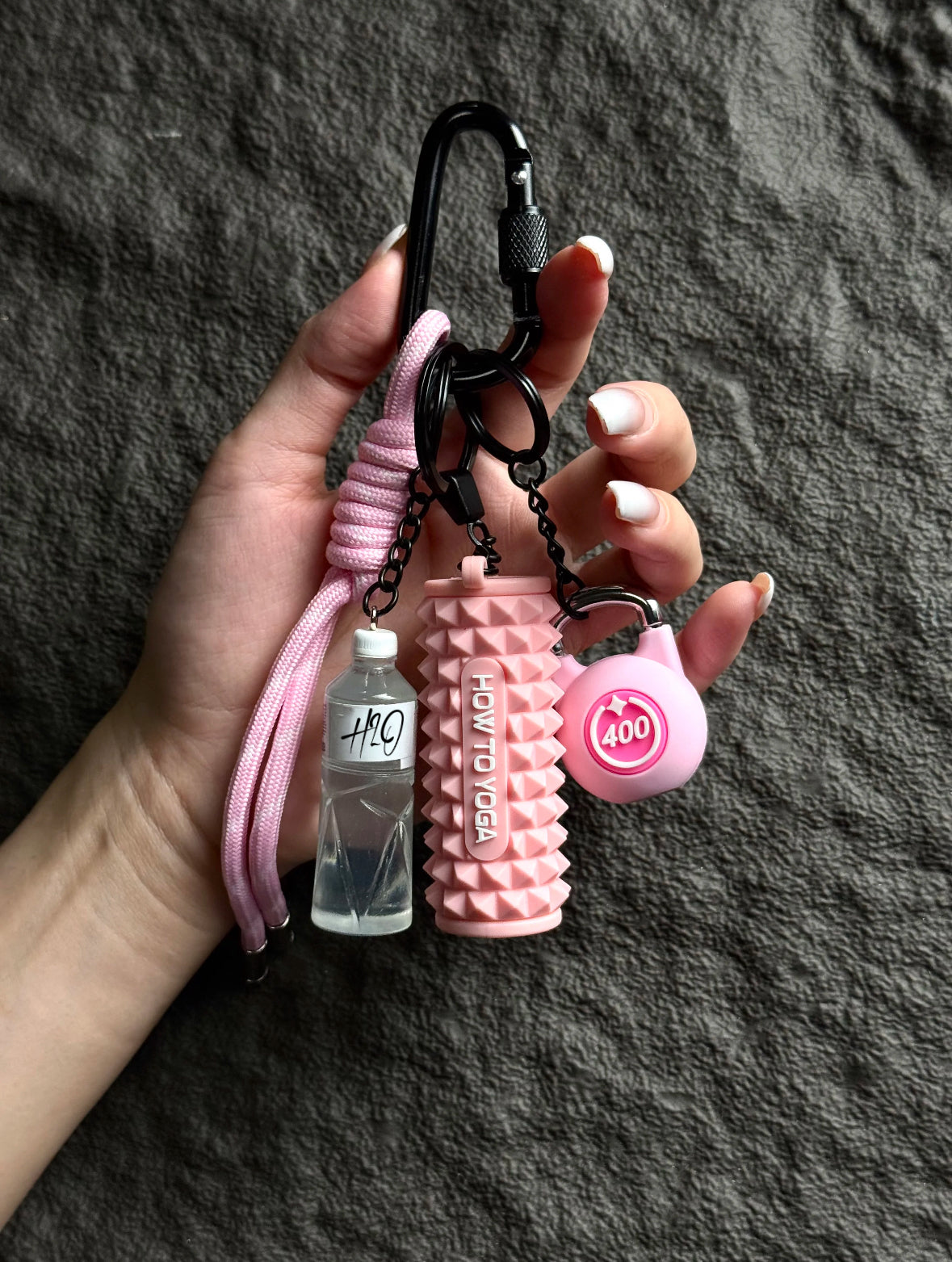 Pink Fitness-Inspired Bag Charm – “How To Yoga” Keychain Set